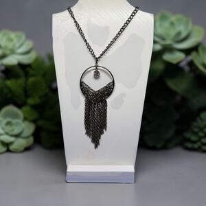 🧚🏻♀️ Handmade Statement Necklace Gunmetal Fringe Pendant 24” Chain Crystal